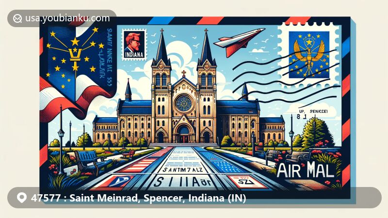 Modern illustration of Saint Meinrad Archabbey in Spencer County, Indiana, featuring air mail envelope design with Indiana state flag, postal elements, and ZIP code 47577.