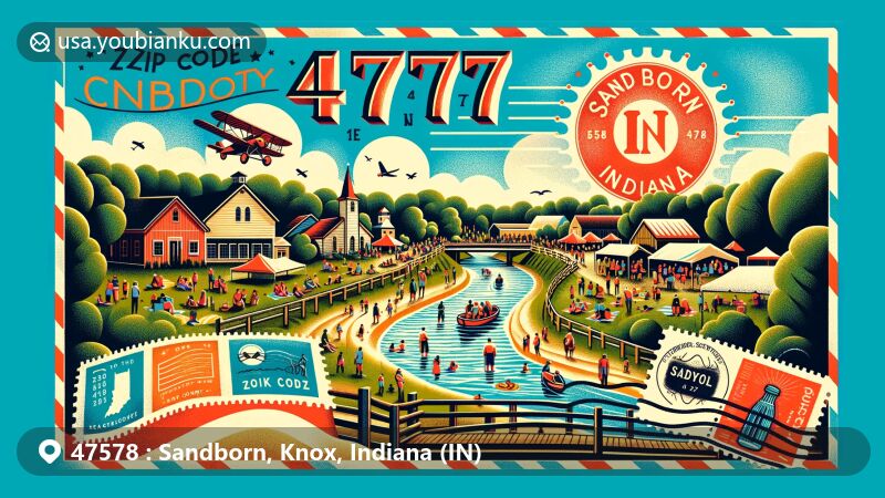 Modern illustration of Sandborn, Knox County, Indiana, capturing the essence of the annual Black Creek Festival with community spirit and charm, showcasing outdoor activities by the creek amidst rural surroundings.