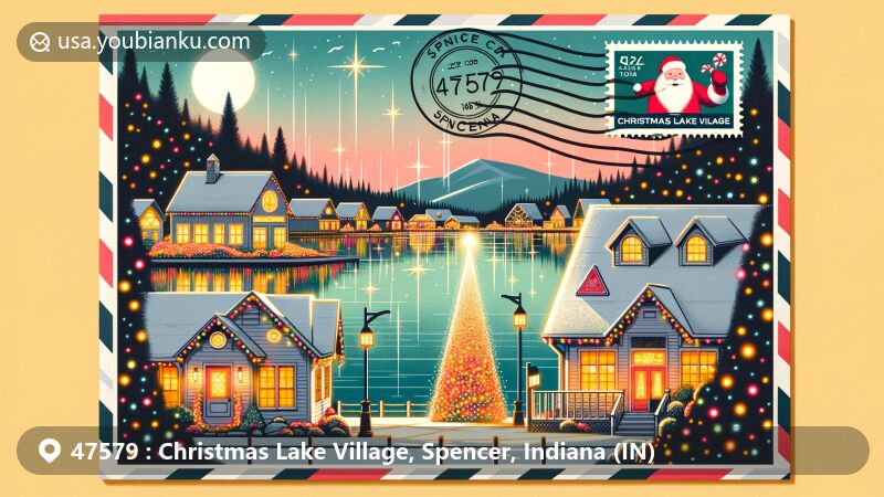 Modern illustration of Christmas Lake Village, Spencer County, Indiana, depicting festive holiday scene with homes lit up by Christmas lights reflecting the unique seasonal spirit. Airmail envelope with custom stamp showing ZIP code 47579 and Santa Claus Town imagery.