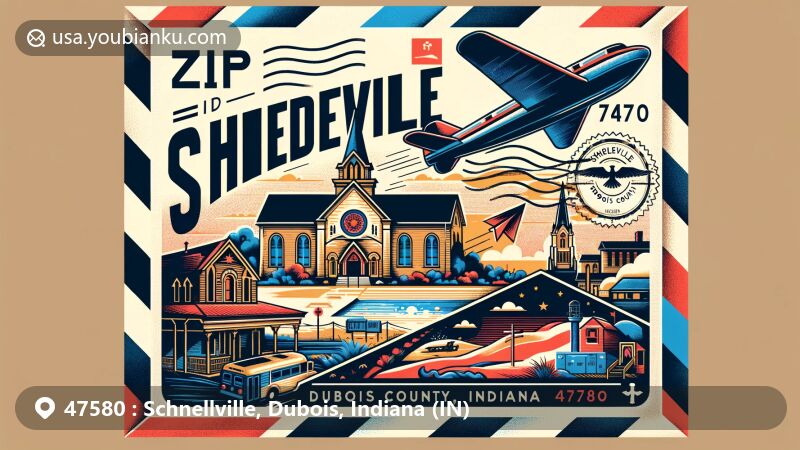 Modern illustration of Schnellville, Dubois, Indiana, featuring a vintage air mail envelope revealing iconic elements. Includes Sacred Heart Church, Dubois County Courthouse, and scenic Patoka River, symbolizing the area's history and natural beauty.