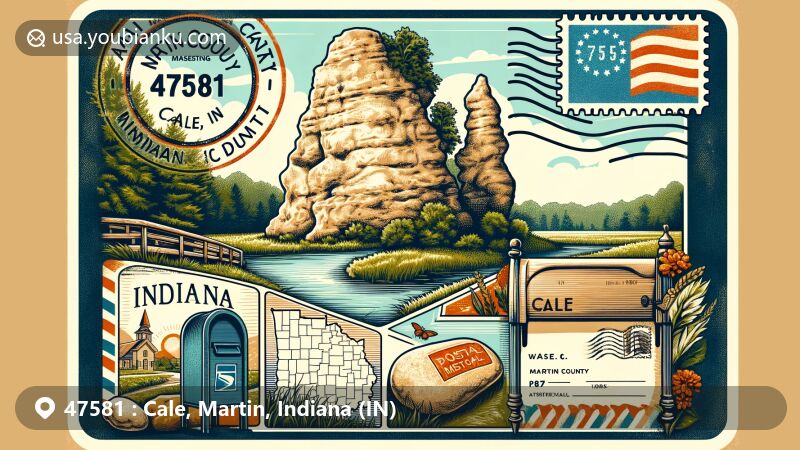 Modern illustration of Cale, Martin County, Indiana, highlighting ZIP code 47581 with Jug Rock geological formation, vintage postcard theme, and antique mailbox.