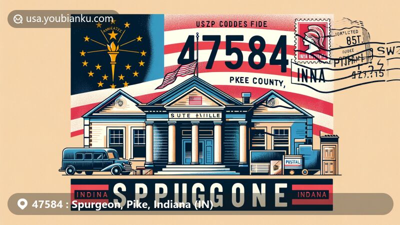 Contemporary illustration of Spurgeon, Pike County, Indiana, capturing small-town charm and cultural heritage, featuring Indiana state flag and vintage post office facade, with airmail envelope, stamp, and postmark displaying ZIP code 47584.