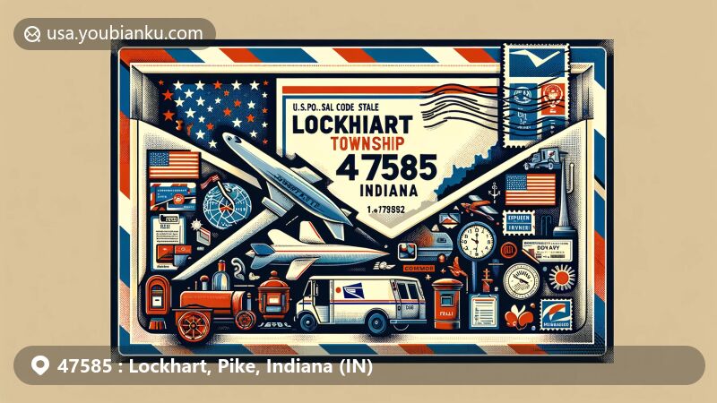 Modern illustration of Lockhart Township, Pike County, Indiana, featuring airmail envelope with ZIP code 47585, incorporating postal communication symbols and iconic Indiana landmarks.