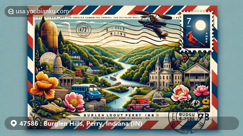 Modern illustration of Burglen Hills, Perry County, Indiana, highlighting Hoosier National Forest, Ohio River, 1818 Rome Courthouse, and Indiana state symbols.