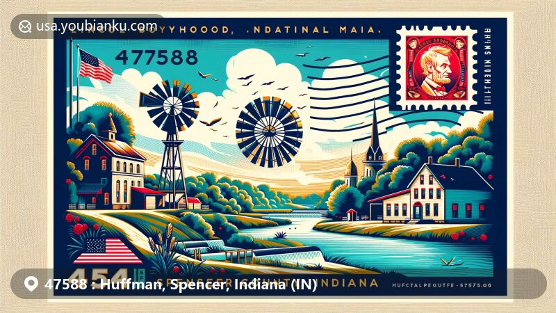 Modern illustration of Huffman, Spencer County, Indiana, featuring postal theme with ZIP code 47588, highlighting Abraham Lincoln's heritage and Huffman's Mills historic sites.