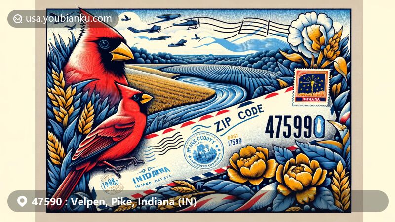 Modern illustration of Velpen, Pike County, Indiana, showcasing postal theme with ZIP code 47590, featuring Patoka River, White River, and Indiana state symbols.