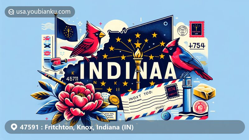 Modern illustration of Fritchton, Knox County, Indiana, with ZIP code 47591 featuring postcard and airmail envelope theme, integrating state symbols like blue and gold flag, northern cardinal, peony, and limestone.