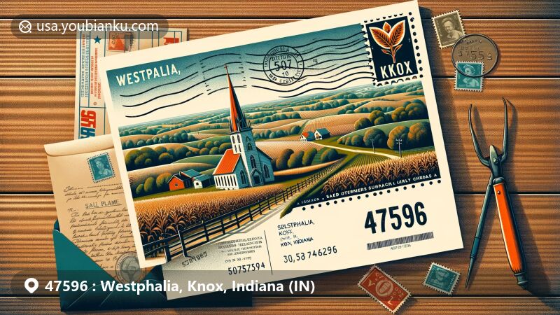 Modern illustration of Westphalia, Knox, Indiana, showcasing rural charm with Salem United Church of Christ, antique postal envelope, and Indiana postal theme for ZIP code 47596.