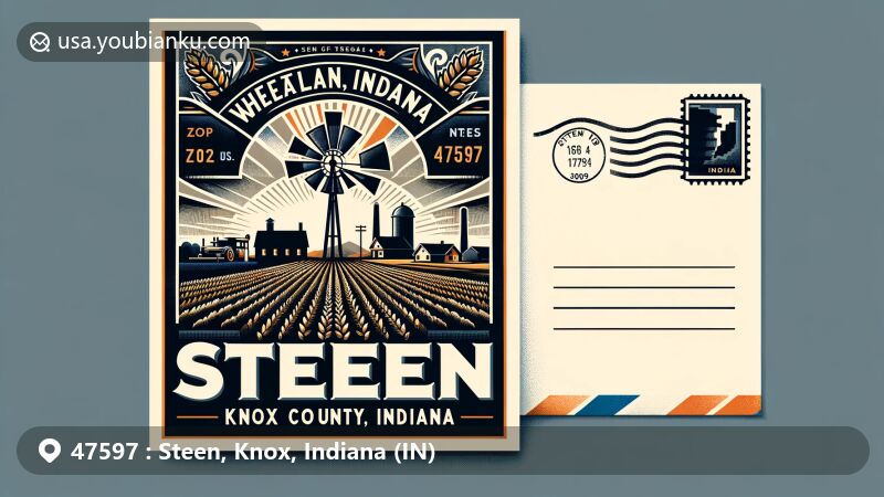 Modern illustration of Steen, Knox County, Indiana, showcasing postal theme with ZIP code 47597, featuring rural agricultural elements and local landmarks, possibly incorporating symbols of wider historical significance in Knox County. The design resembles a postcard or airmail envelope, focusing on Wheatland, Indiana.