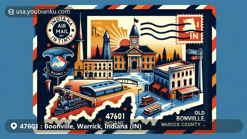 Modern illustration showcasing the postal theme and regional features of Boonville, Warrick County, Indiana, within ZIP code 47601. Highlights include Boonville Public Square Historic District, Old Warrick County Jail, Scales Lake Park, and a vintage postage stamp of the Coal Museum.