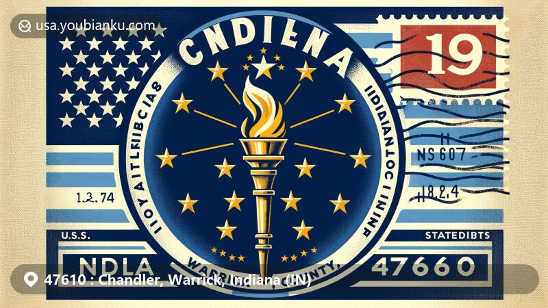 Modern illustration featuring Indiana's state flag centered with torch symbolizing freedom, surrounded by stars representing state history, within retro aviation mail envelope highlighting Chandler, Warrick County, Indiana with ZIP code 47610.
