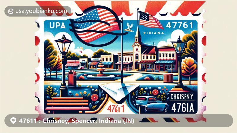 Modern illustration of Chrisney, Indiana, depicting small-town charm with a community park, main street, and a stylized envelope symbolizing postal significance, featuring ZIP code 47611 and Indiana state flag elements.