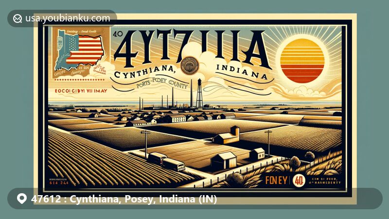 Artistic interpretation of Cynthiana, Posey County, Indiana, capturing the essence of ZIP code 47612 with vintage postcard motif and local culture, including flat landscapes, small-town charm, and Ports of Indiana-Mount Vernon.