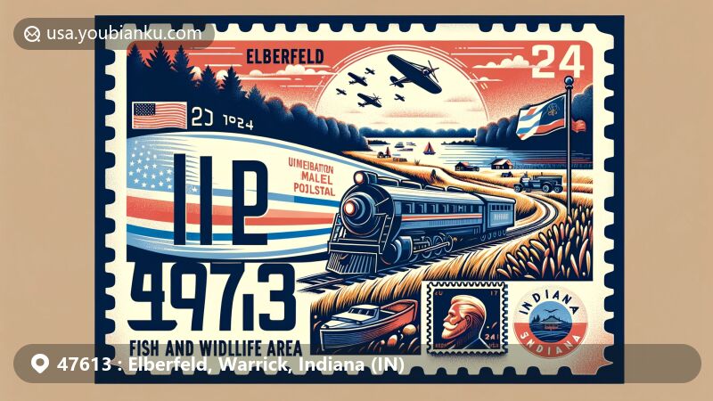 Modern illustration of Elberfeld, Indiana, highlighting Blue Grass Fish and Wildlife Area with airmail envelope featuring ZIP code 47613 and Indiana state symbols.