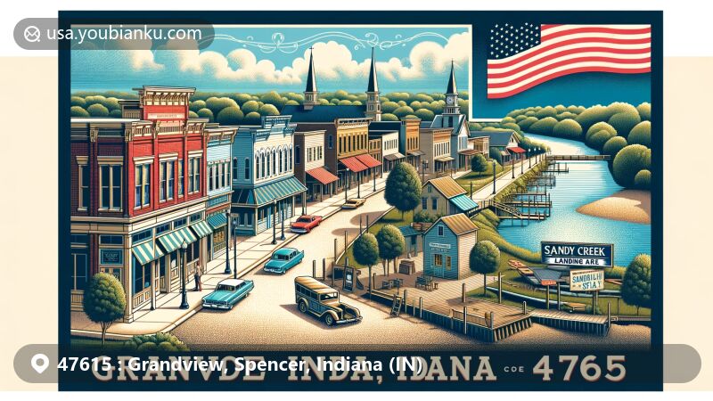 Modern illustration of Grandview, Spencer County, Indiana, encompassing postcard format with Main Street, Ohio River, Sandy Creek Landing, Lincoln family connection, Spencer County outline, state flag, vintage postal elements, and ZIP code 47615.