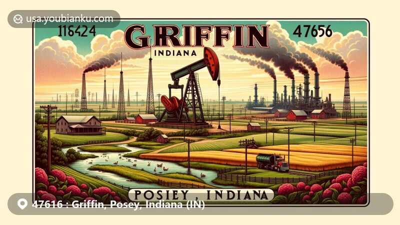 Modern illustration of Griffin, Posey County, Indiana, showcasing the Griffin oil fields and rural landscape, with oil derricks, farms, and the Indiana state flag incorporated. The scene includes the Wabash River and rolling hills, capturing the area's natural beauty and agricultural heritage.