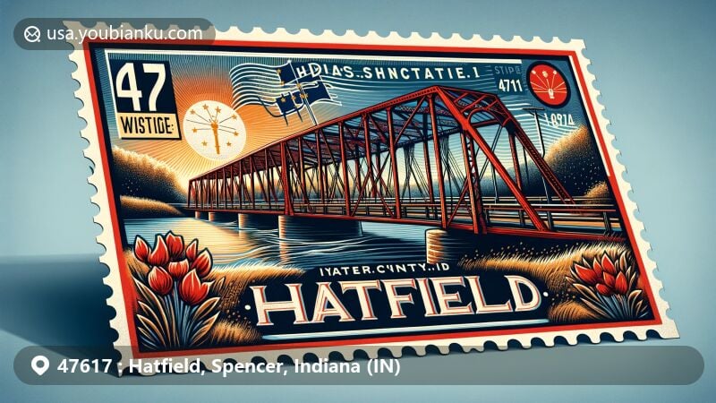 Creative rendition of Hatfield, Spencer County, Indiana, featuring iconic Boner Bridge (Pyeatt’s Mill Bridge), a unique bowstring metal bridge, in a modern postal illustration for ZIP code 47617, with vintage postal elements. Indiana state flag and peony flower included.