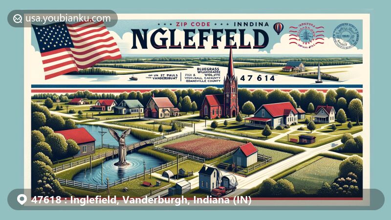 Modern illustration of Inglefield, Vanderburgh County, Indiana, with postal theme showcasing ZIP code 47618, highlighting Bluegrass Fish and Wildlife Area and St Paul's Lutheran Church.