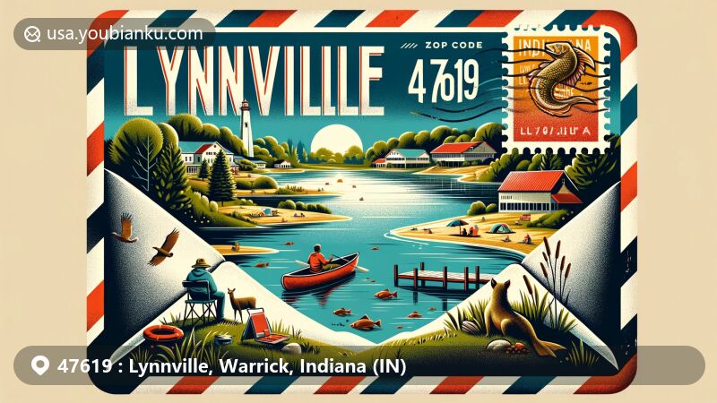 Vintage illustration of Lynnville, Indiana, showcasing Lynnville Park in a airmail envelope with ZIP code 47619, featuring recreational activities like camping, fishing, and kayaking.