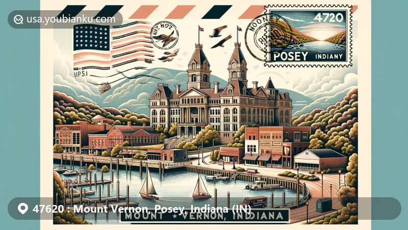 Modern illustration of Mount Vernon, Posey County, Indiana, blending local architecture with postal elements and scenic riverfront, capturing historic charm and community spirit.