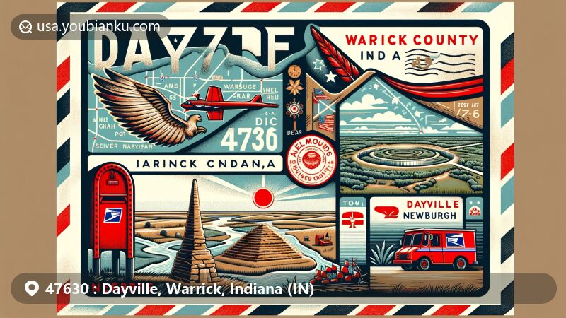 Modern illustration of Dayville, Warrick County, Indiana, showcasing postal theme with ZIP code 47630, featuring Angel Mounds and Indiana state symbols.