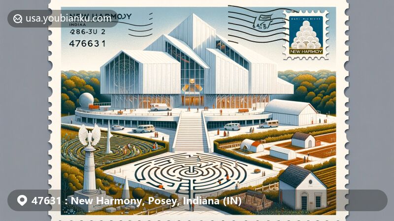 Modern illustration of New Harmony, Indiana, featuring Atheneum by Richard Meier, Harmonist Labyrinth, and Rapp-Owen Granary, blending postal elements with town's history and spirit.