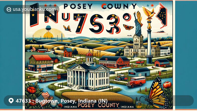 Modern illustration of Bugtown, Posey County, Indiana, featuring ZIP code 47633, showcasing picturesque geography with Ohio and Wabash Rivers, highlighting New Harmony Historic District and Posey County Courthouse Square, incorporating Indiana state symbols.