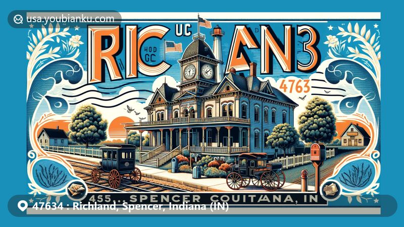 Modern illustration of Richland, Spencer County, Indiana, featuring Spencer County Courthouse, Mathias Sharp House, and rural American life, with a backdrop of southern Indiana near Evansville and Owensboro, showcasing postal theme with ZIP code 47634.