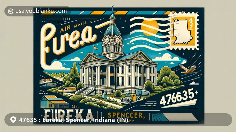 Artistic depiction of Eureka, Spencer, Indiana, emphasizing postal theme with ZIP code 47635, showcasing vintage air mail design and local courthouse, surrounded by lush green landscapes and state symbols.