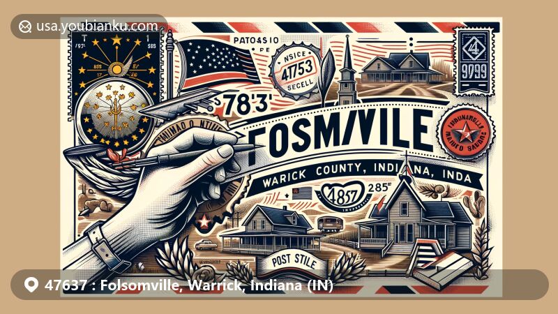 Modern illustration of Folsomville, Warrick County, Indiana, featuring air mail envelope design with Indiana state flag, geographical coordinates 38°07′45″N 87°09′51″W, history since 1859, and nickname 'Lick Skillet'. Includes vintage postage stamp, postmark '1859', and ZIP code 47637.