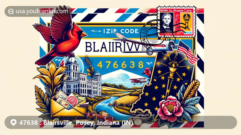 Modern illustration of Blairsville, Posey County, Indiana, featuring vintage air mail envelope with ZIP code 47638, Indiana state symbols, and scenic rural landscapes.