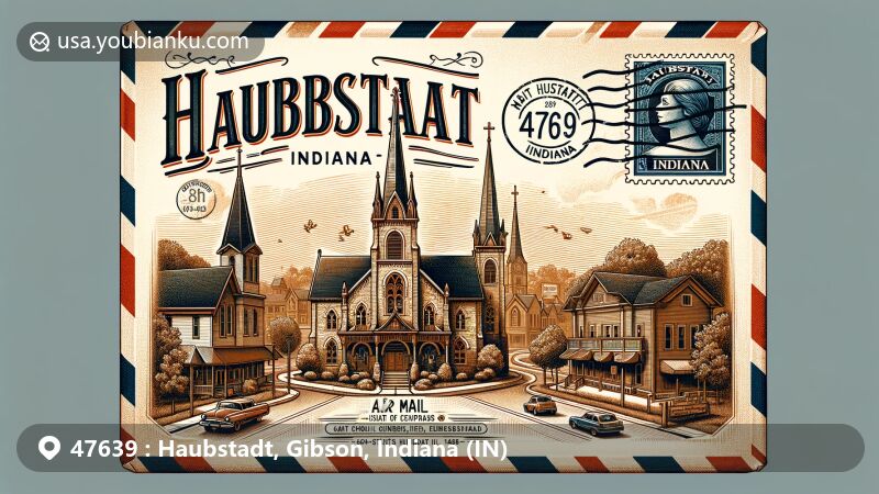 Modern illustration of Haubstadt, Indiana, featuring vintage air mail envelope with key landmarks like St. James and Saints Peter & Paul Catholic churches, public library, and The Log Inn. Envelope adorned with Indiana state flag postage stamp, '47639', and 'Haubstadt, IN' script.