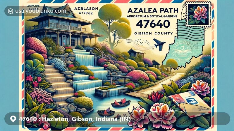 Modern illustration of Hazleton, Indiana, capturing the essence of zipcode 47640 with Azalea Path Arboretum & Botanical Gardens, native trees, water feature, and Indiana flora.