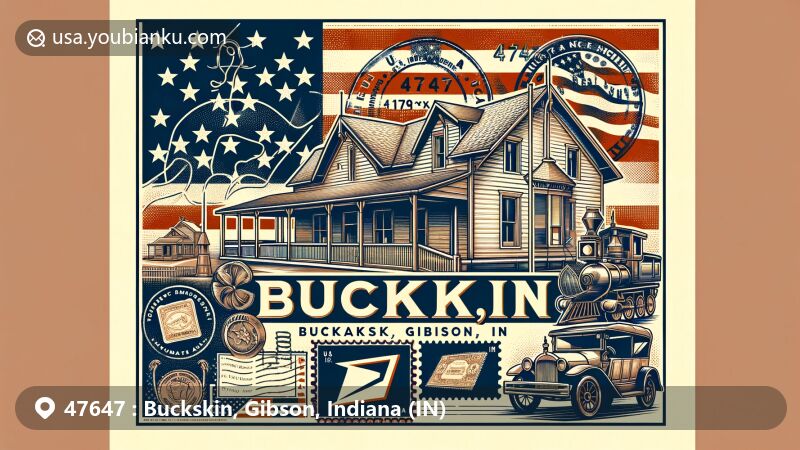 Modern illustration of Buckskin, Gibson County, Indiana, blending local culture and landmarks with postal elements, featuring Henager's Memories and Nostalgia Museum and vintage postal motifs.
