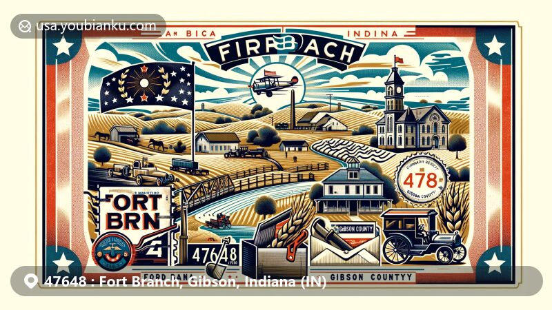 Modern illustration of Fort Branch, Gibson County, Indiana, highlighting local culture and landmarks, featuring vintage postcard elements with ZIP code 47648, showcasing rural scenery and historical heritage.