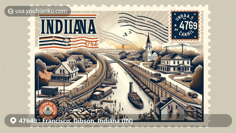 Modern illustration of Francisco, Gibson County, Indiana, showcasing postal theme with ZIP code 47649, featuring rural town character and Wabash and Erie Canal remnants.