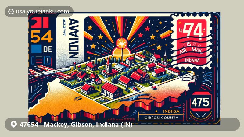 Modern illustration of Mackey, Gibson County, Indiana, showcasing postal theme with ZIP code 47654, featuring Indiana state flag and map outline, highlighting small rural town of Mackey.