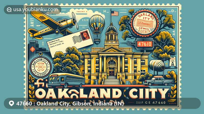 Modern illustration of Oakland City, Indiana, showcasing postal theme with ZIP code 47660, featuring Oakland City University and Indiana state symbols.