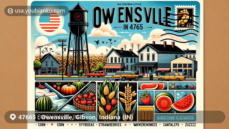 Modern illustration of Owensville, Indiana, with ZIP code 47665, depicting small-town charm, agriculture (corn, soybeans, strawberries, wheat, watermelons, pumpkins, squash, cantaloupes, zucchini), and the annual Watermelon Festival.