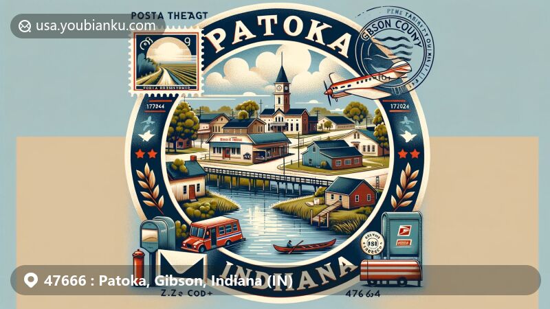 Modern illustration of Patoka, Gibson County, Indiana, showcasing the Patoka River, Welborn-Ross House, and Native American heritage, designed as a postcard with postal elements and ZIP Code 47666.