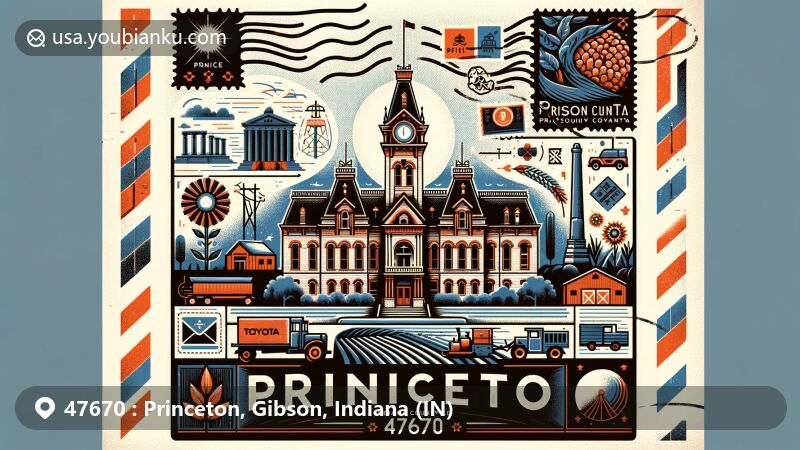 Modern illustration of Princeton, Indiana, with ZIP Code 47670, featuring Gibson County Courthouse in Second Empire architectural style, agricultural elements, Wabash and Erie Canal depiction, and Toyota Motor Manufacturing plant.