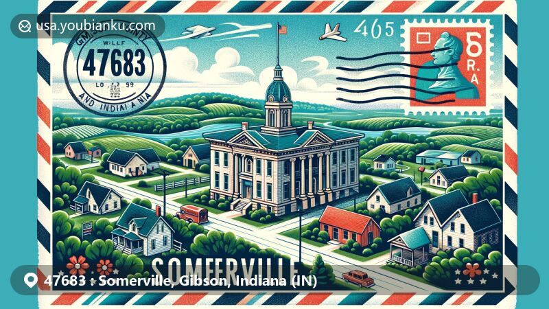 Modern illustration of Somerville, Gibson County, Indiana, featuring quaint town charm and iconic courthouse, showcasing postal theme with ZIP code 47683 and natural landscapes.