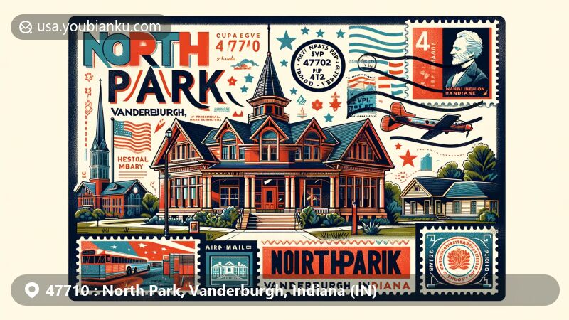 Creative representation of North Park, Vanderburgh, Indiana, resembling a modern postcard or air mail envelope, featuring EVPL North Park library, Benjamin Harrison Presidential Site, and Huddleston Farmhouse, with postal motifs and ZIP code 47710.