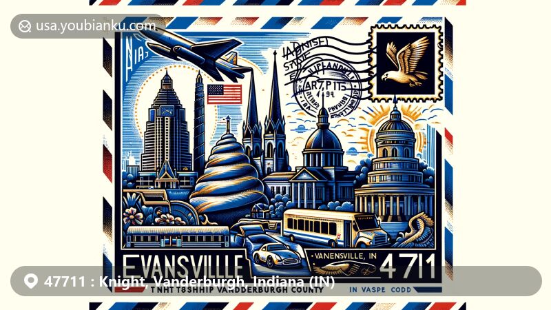 Creative illustration portraying Knight Township, Vanderburgh County, Indiana, with a postal theme around ZIP code 47711, featuring iconic local landmarks and Indiana state flag.