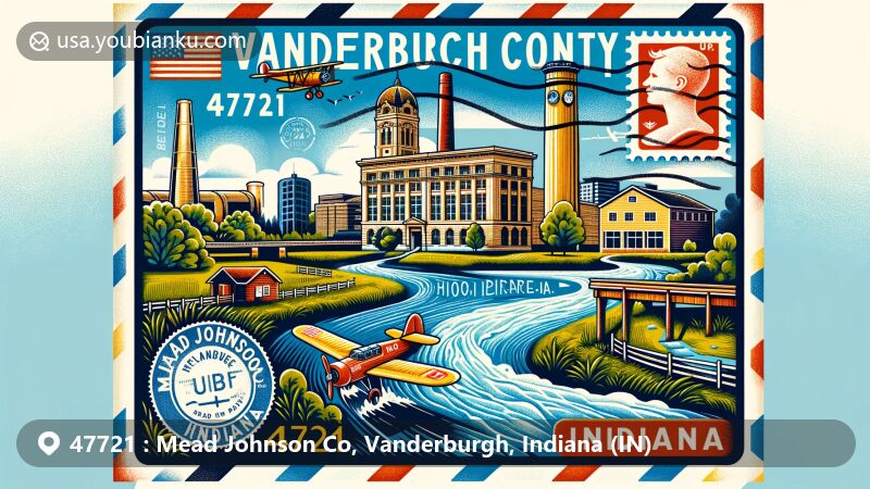 Vintage illustration of Mead Johnson Co in Vanderburgh County, Indiana, depicting a nostalgic air mail envelope with stamps and postmarks, featuring Ohio River and Brown County State Park.