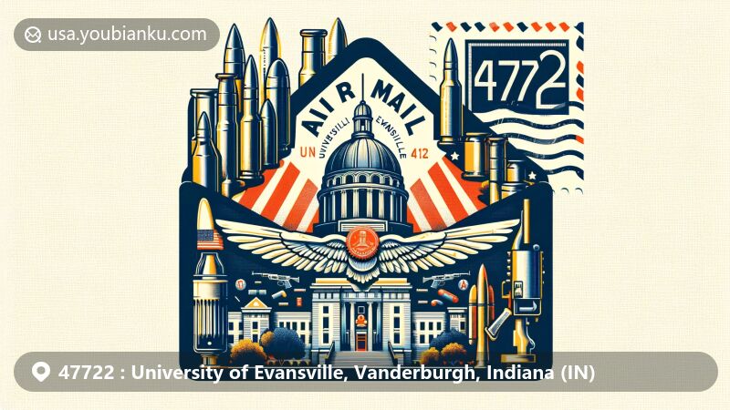 Modern illustration of University of Evansville, Vanderburgh, Indiana (IN), highlighting postal theme and local landmarks, featuring air mail envelope, Angel Mounds State Historic Site, WWII symbolism, and postal elements.
