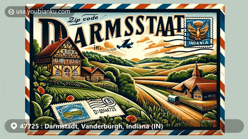 Modern illustration of Darmstadt, Indiana, with ZIP code 47725, highlighting its German heritage in a lush countryside setting, showcasing traditional German architecture and symbols of the town's German festival amidst the southern Indiana landscape.