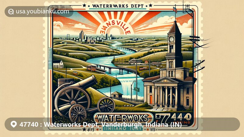 Modern illustration of 47740, Waterworks Department, Vanderburgh County, Indiana, creatively blending postal and modern elements, highlighting Evansville's historical significance and Indiana state symbols.