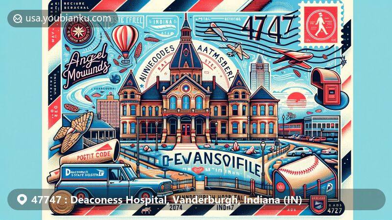Modern illustration of Deaconess Hospital area, Vanderburgh County, Indiana, with ZIP code 47747, featuring Angel Mounds State Historic Site, Reitz Home Museum, and Bosse Field in a postal-themed design.