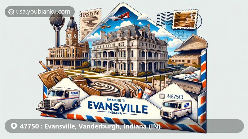 Modern illustration of Evansville, Indiana, postal code 47750, featuring Reitz Home Museum, Angel Mounds State Historic Site, and Bosse Field stadium. Includes postal culture elements like Evansville stamp, postmark, mail delivery van, and mailbox.